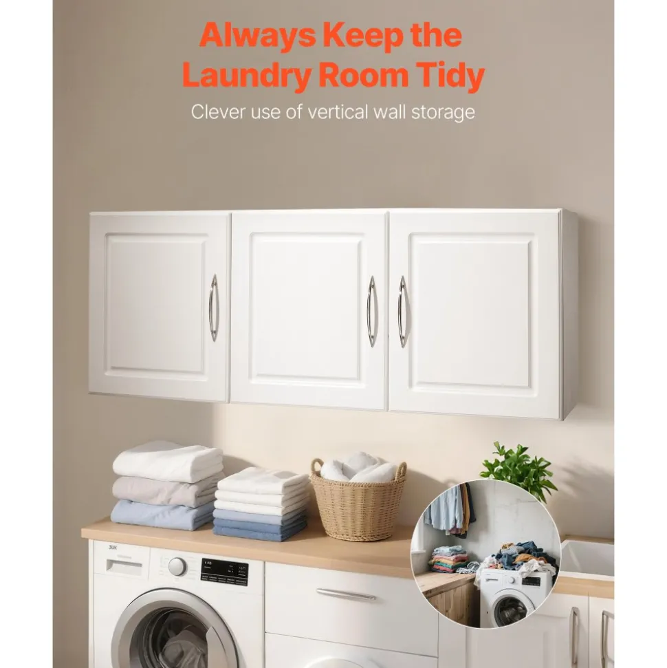VEVOR Laundry Room Wall Cabinet, 2-Tier Wall Mounted Hanging Cabinet with Adjustable Shelf, Cupboard Storage with 3 Doors, for Kitchen, Bathroom, Laundry, 12.44 x 54 x 20.31 in (D x W x H), White