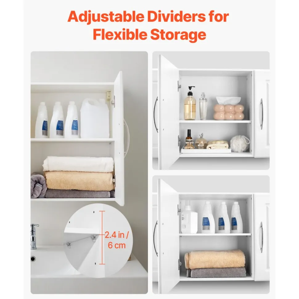VEVOR Laundry Room Wall Cabinet, 2-Tier Wall Mounted Hanging Cabinet with Adjustable Shelf, Cupboard Storage with 3 Doors, for Kitchen, Bathroom, Laundry, 12.44 x 54 x 20.31 in (D x W x H), White