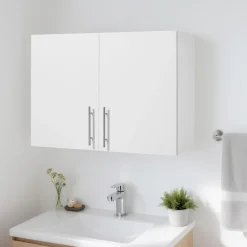VEVOR Laundry Room Wall Cabinet, 2-Tier Wall Mounted Hanging Cabinet with Adjustable Shelf, 32 in Cupboard Storage with 2 Doors, for Bathroom, Kitchen, Laundry, 16 x 32 x 24 in (D x W x H), White
