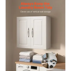 VEVOR Laundry Room Wall Cabinet, 2-Tier Wall Mounted Hanging Cabinet with Adjustable Shelf, 36 in Cupboard Storage with 2 Doors, for Kitchen, Bathroom, Laundry, 16 x 36 x 24 in (D x W x H), White