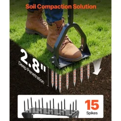 VEVOR Lawn Aerator, 9.2 in Manual Core Aerator Tool with 15 Iron Spikes, Long Handle & Wide Plate, Heavy Duty Grass Aeration Tool, Yard Aerators for Compacted Hardened Soil Lawn Aeration