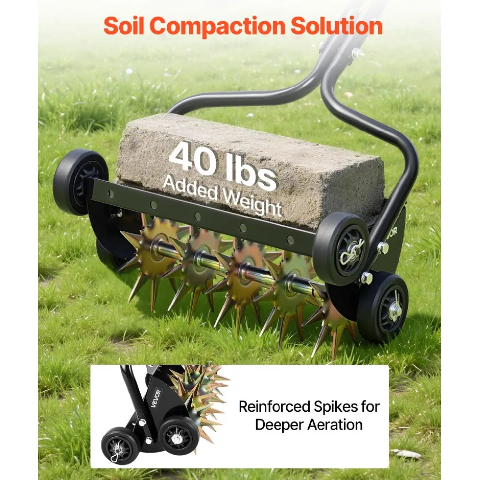 VEVOR Lawn Aerator, 18 in Manual Push Spike Aerator with 4 Wheels & Handle, Heavy Duty Grass Aerators, Supports 40 lbs Added Weight, Rolling Lawn Aeration Tool for Garden Yard Aeration Soil Health