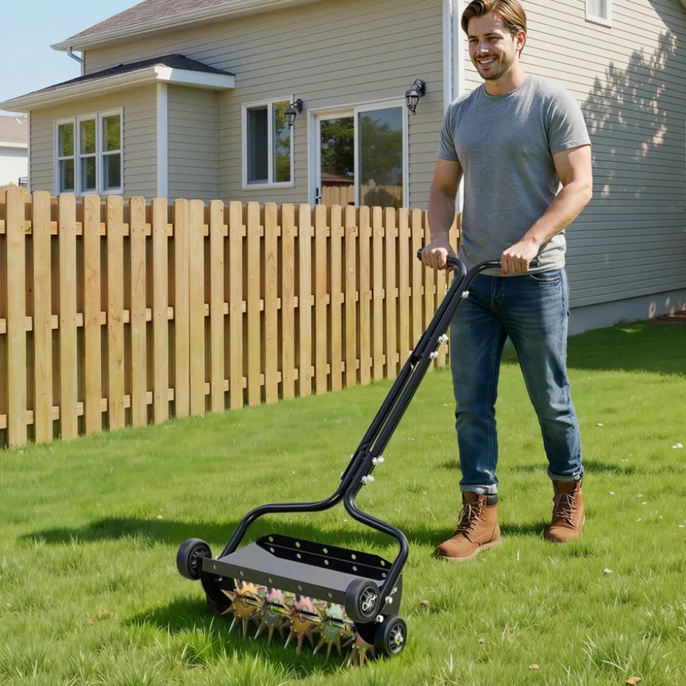 VEVOR Lawn Aerator, 18 in Manual Push Spike Aerator with 4 Wheels & Handle, Heavy Duty Grass Aerators, Supports 40 lbs Added Weight, Rolling Lawn Aeration Tool for Garden Yard Aeration Soil Health