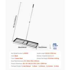 VEVOR Lawn Leveling Rake, Lawn Leveler with 83.9 in Handle, 36x10 in Ground Plate, Rust-Resistant Carbon Steel Soil Leveler, 3 Heights Adjustable, Effort Saving Lawn Leveling Tool for Yard Golf Court