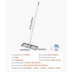 VEVOR Lawn Leveling Rake, Lawn Leveler with 83.9 in Handle, 30x10 in Ground Plate, Rust-Resistant Carbon Steel Soil Leveler, 3 Heights Adjustable, Effort Saving Lawn Leveling Tool for Yard Golf Court