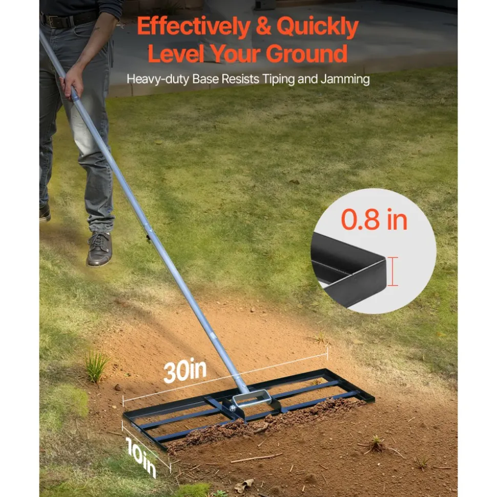 VEVOR Lawn Leveling Rake, Lawn Leveler with 83.9 in Handle, 30x10 in Ground Plate, Rust-Resistant Carbon Steel Soil Leveler, 3 Heights Adjustable, Effort Saving Lawn Leveling Tool for Yard Golf Court