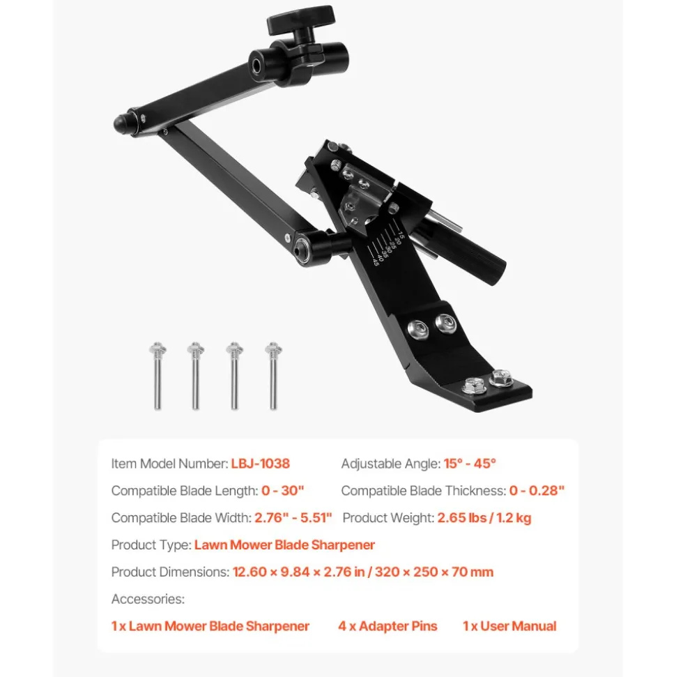VEVOR Lawn Mower Blade Sharpener, 15° - 45° Adjustable Lawnmower Blade Sharpening Tool with 4 Adapter Pins, Ball Bearing Design & 25mm Enlarged Handle, Compatible with Most Angle Grinders