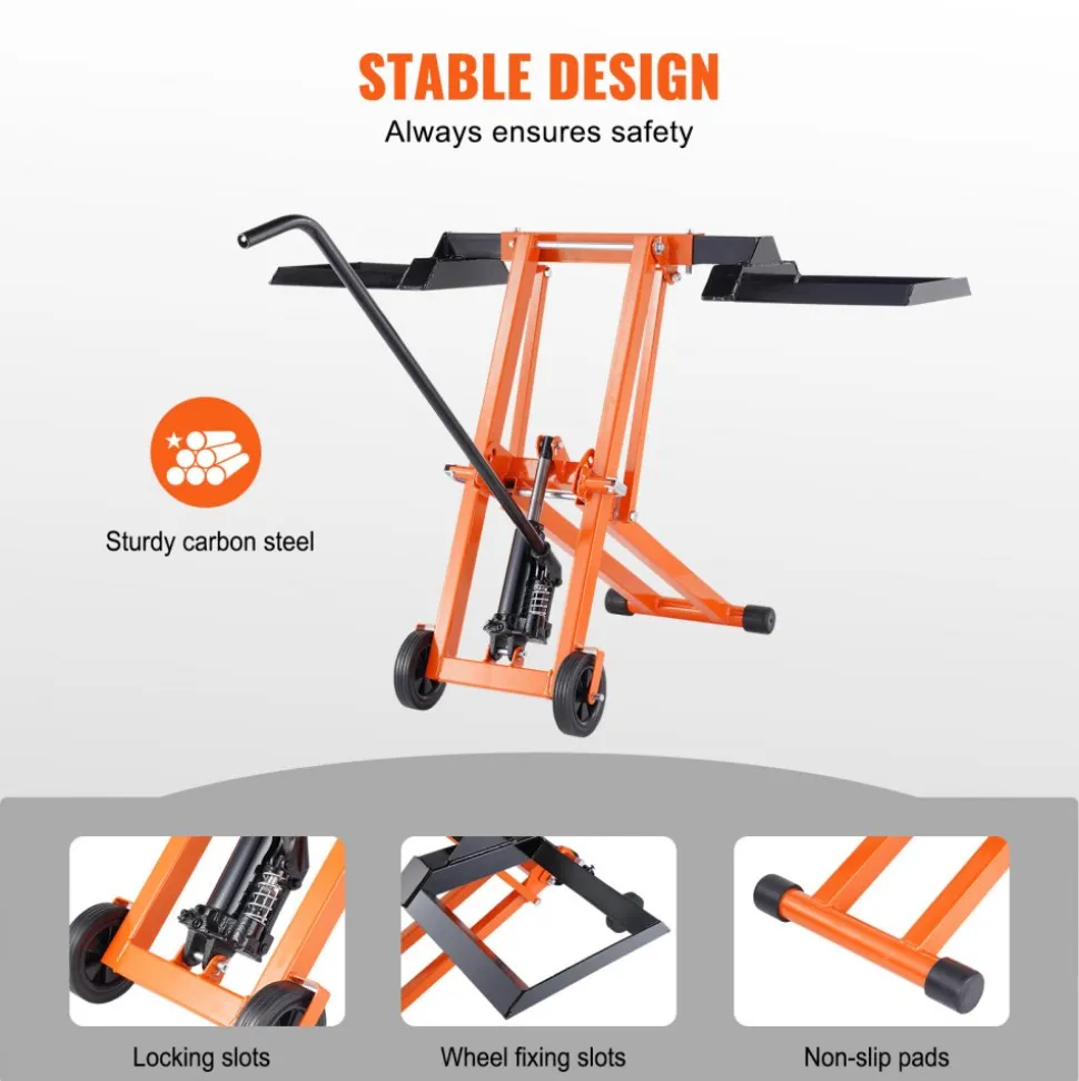 VEVOR Lawn Mower Lift with Hydraulic Jack, 500 Lbs Weight Capacity, Solid Carbon Steel Lawn Mower Lift, Adjustable Movable Lawn Lifter for Riding Tractors and Zero Turn Lawn Mowers, Orange