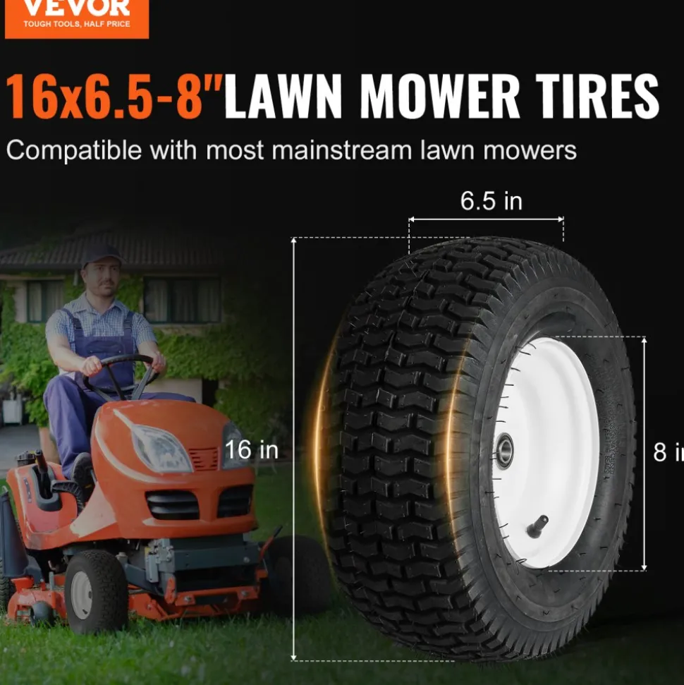 VEVOR Lawn Mower Tires with Rim, 16x6.5-8" Tubeless Tractor Tires, 2-Pack Tire and Wheel Assembly, Turf Pneumatic Tires, 3" Offset Hub, 3/4" Bushing Size, 16 PCS Adapters for Riding Mower Lawn Tractor