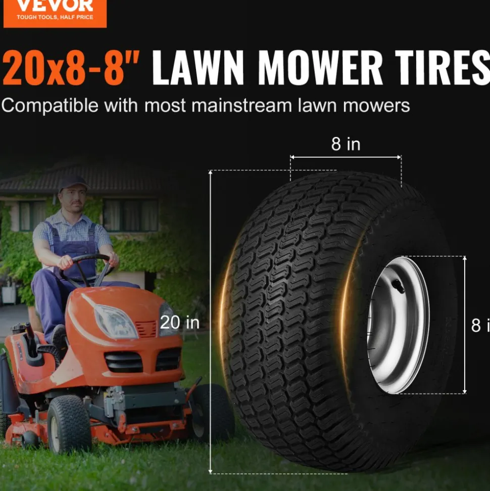 VEVOR Lawn Mower Tires with Rim, 20x8-8" Tubeless Tractor Tires, 2-Pack Tire and Wheel Assembly, S-Turf Pneumatic Tires with 3.5" Offset Hub and 3/4" Bushing Size, for Riding Mowers Lawn Tractors