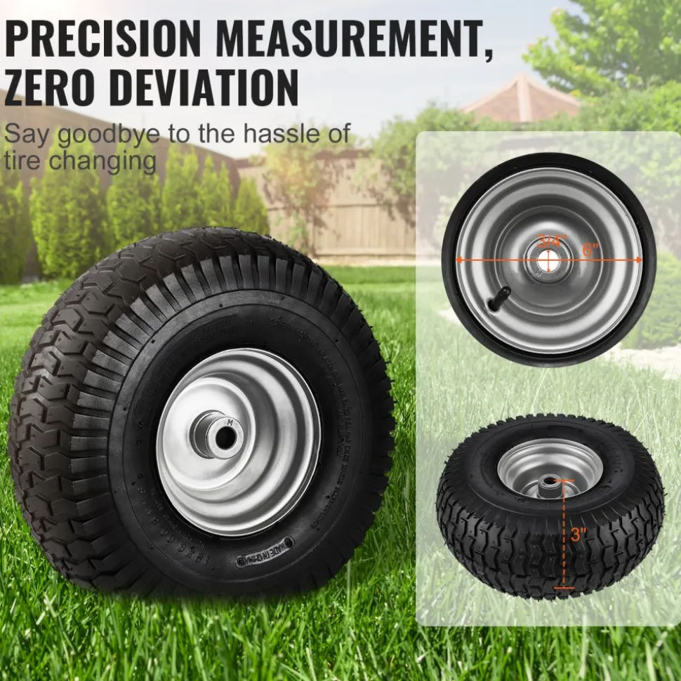 VEVOR Lawn Mower Tires, 15x6-6" Lawn Tractor Tires, 2-Pack Tire and Wheel Assemblies, Turf Pneumatic Tires with 3" Centered Hub and 3/4" Bushing Size, 16 PCS Adapters for Riding Mowers Lawn Tractors
