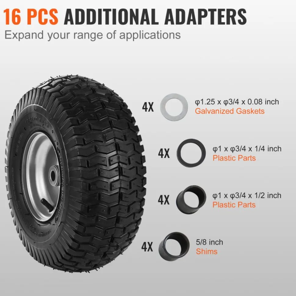VEVOR Lawn Mower Tires, 15x6-6" Lawn Tractor Tires, 2-Pack Tire and Wheel Assemblies, Turf Pneumatic Tires with 3" Centered Hub and 3/4" Bushing Size, 16 PCS Adapters for Riding Mowers Lawn Tractors