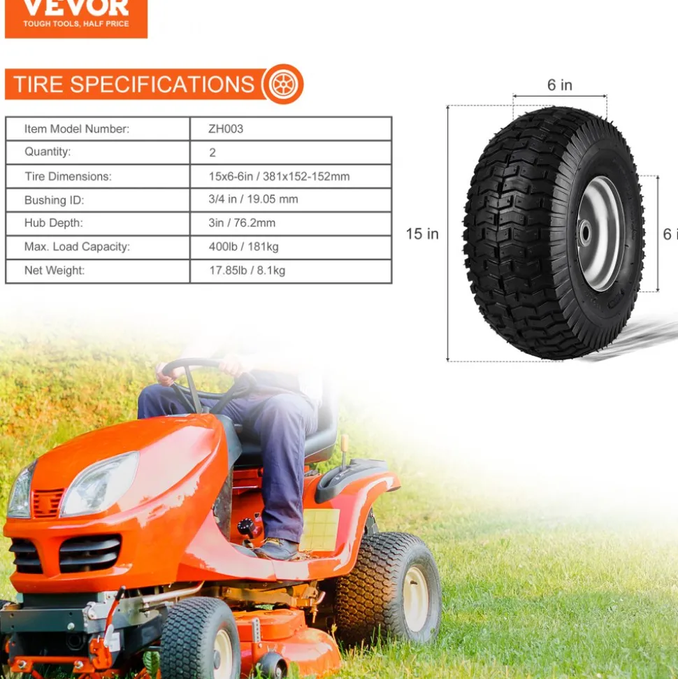 VEVOR Lawn Mower Tires, 15x6-6" Lawn Tractor Tires, 2-Pack Tire and Wheel Assemblies, Turf Pneumatic Tires with 3" Centered Hub and 3/4" Bushing Size, 16 PCS Adapters for Riding Mowers Lawn Tractors