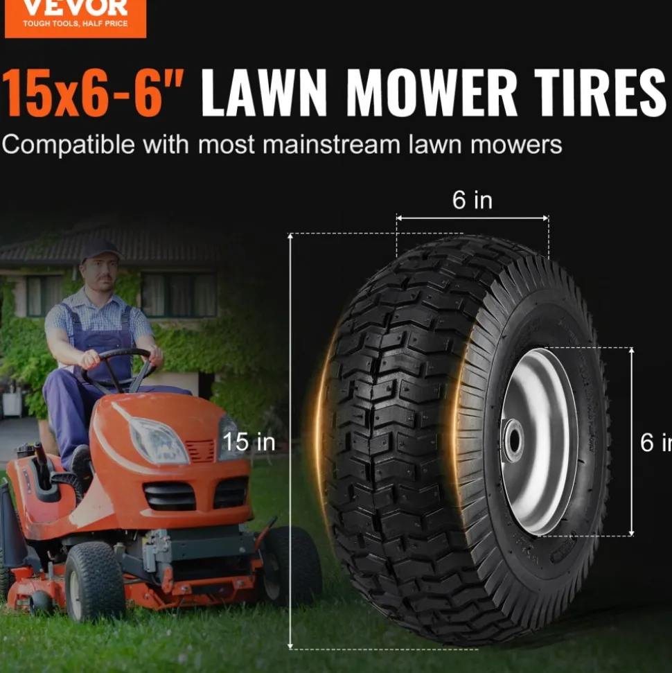 VEVOR Lawn Mower Tires, 15x6-6" Lawn Tractor Tires, 2-Pack Tire and Wheel Assemblies, Turf Pneumatic Tires with 3" Centered Hub and 3/4" Bushing Size, 16 PCS Adapters for Riding Mowers Lawn Tractors