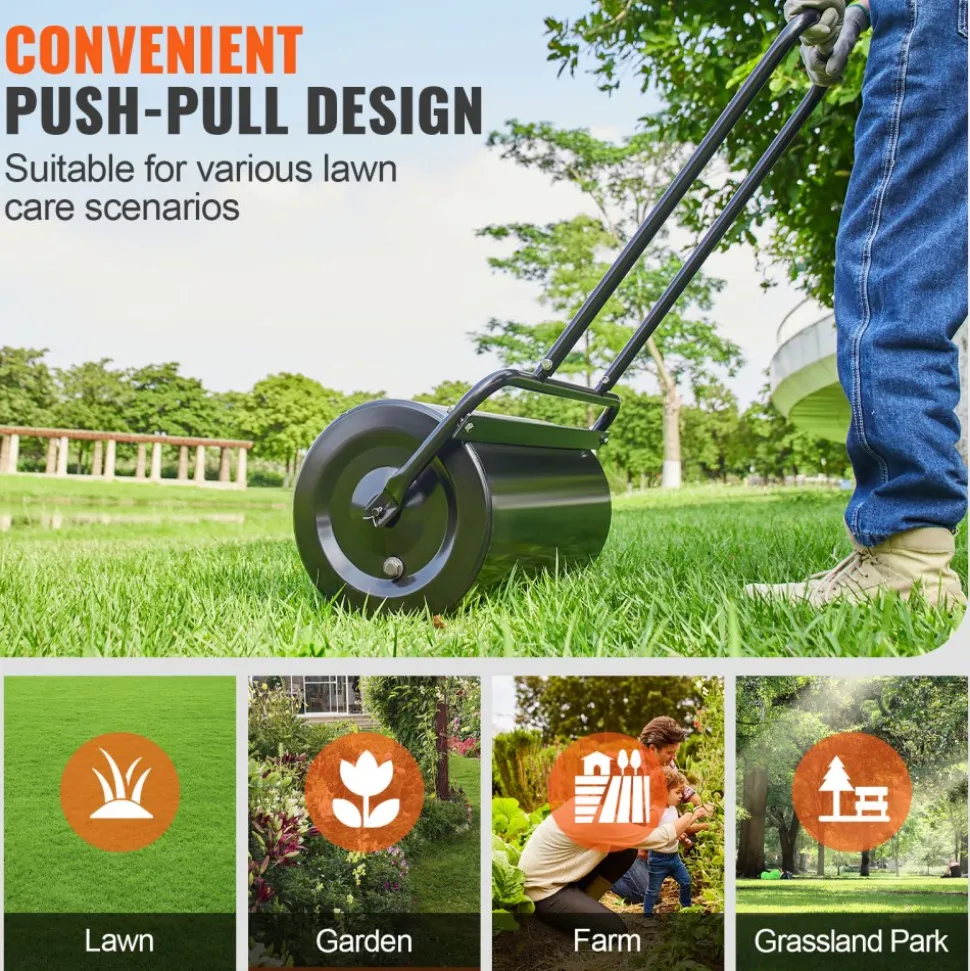 VEVOR Lawn Roller, 13 Gallon Sand/Water Filled Yard Roller, Steel Sod Roller with Easy-turn Plug and U-Shaped Ergonomic Handle for Convenient Push and Pull, for Lawn, Garden, Farm, Park, Black