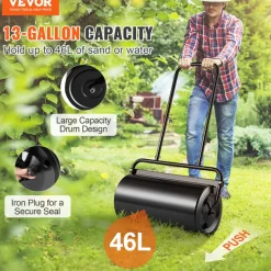 VEVOR Lawn Roller, 13 Gallon Sand/Water Filled Yard Roller, Steel Sod Roller with Easy-turn Plug and U-Shaped Ergonomic Handle for Convenient Push and Pull, for Lawn, Garden, Farm, Park, Black