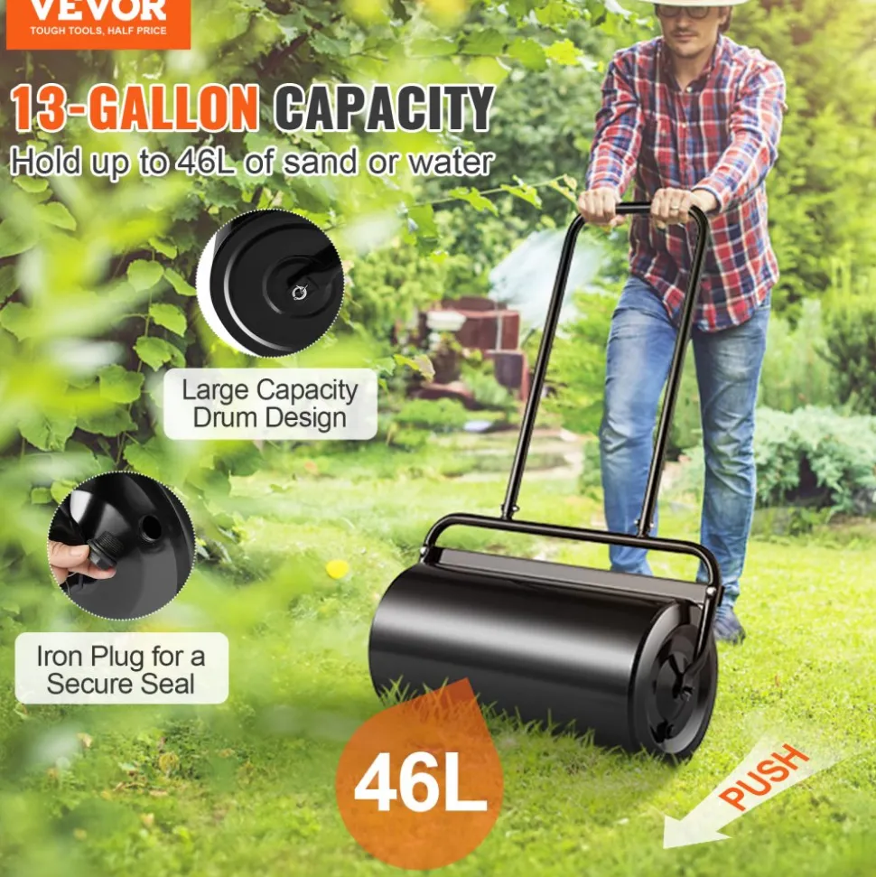 VEVOR Lawn Roller, 13 Gallon Sand/Water Filled Yard Roller, Steel Sod Roller with Easy-turn Plug and U-Shaped Ergonomic Handle for Convenient Push and Pull, for Lawn, Garden, Farm, Park, Black