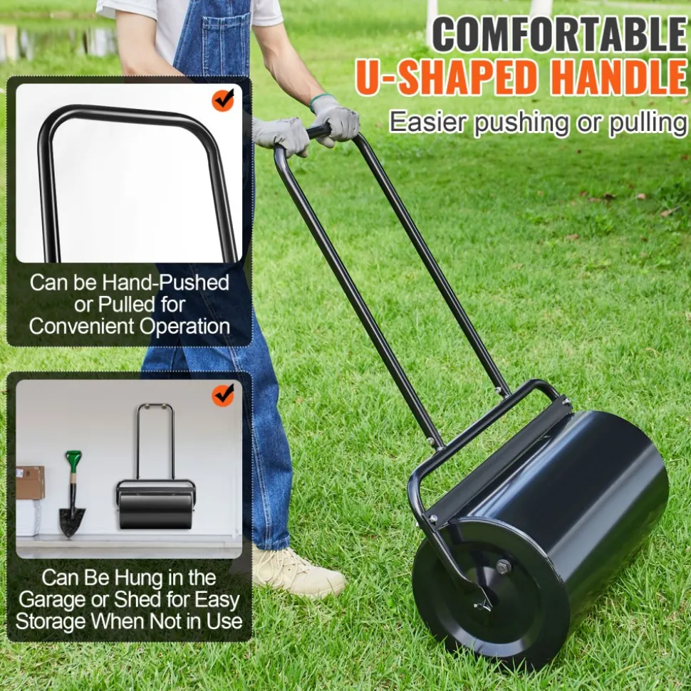 VEVOR Lawn Roller, 13 Gallon Sand/Water Filled Yard Roller, Steel Sod Roller with Easy-turn Plug and U-Shaped Ergonomic Handle for Convenient Push and Pull, for Lawn, Garden, Farm, Park, Black