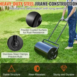 VEVOR Lawn Roller, 13 Gallon Sand/Water Filled Yard Roller, Steel Sod Roller with Easy-turn Plug and U-Shaped Ergonomic Handle for Convenient Push and Pull, for Lawn, Garden, Farm, Park, Black