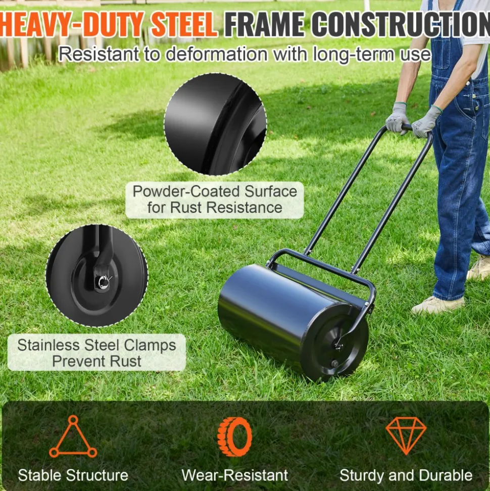 VEVOR Lawn Roller, 13 Gallon Sand/Water Filled Yard Roller, Steel Sod Roller with Easy-turn Plug and U-Shaped Ergonomic Handle for Convenient Push and Pull, for Lawn, Garden, Farm, Park, Black