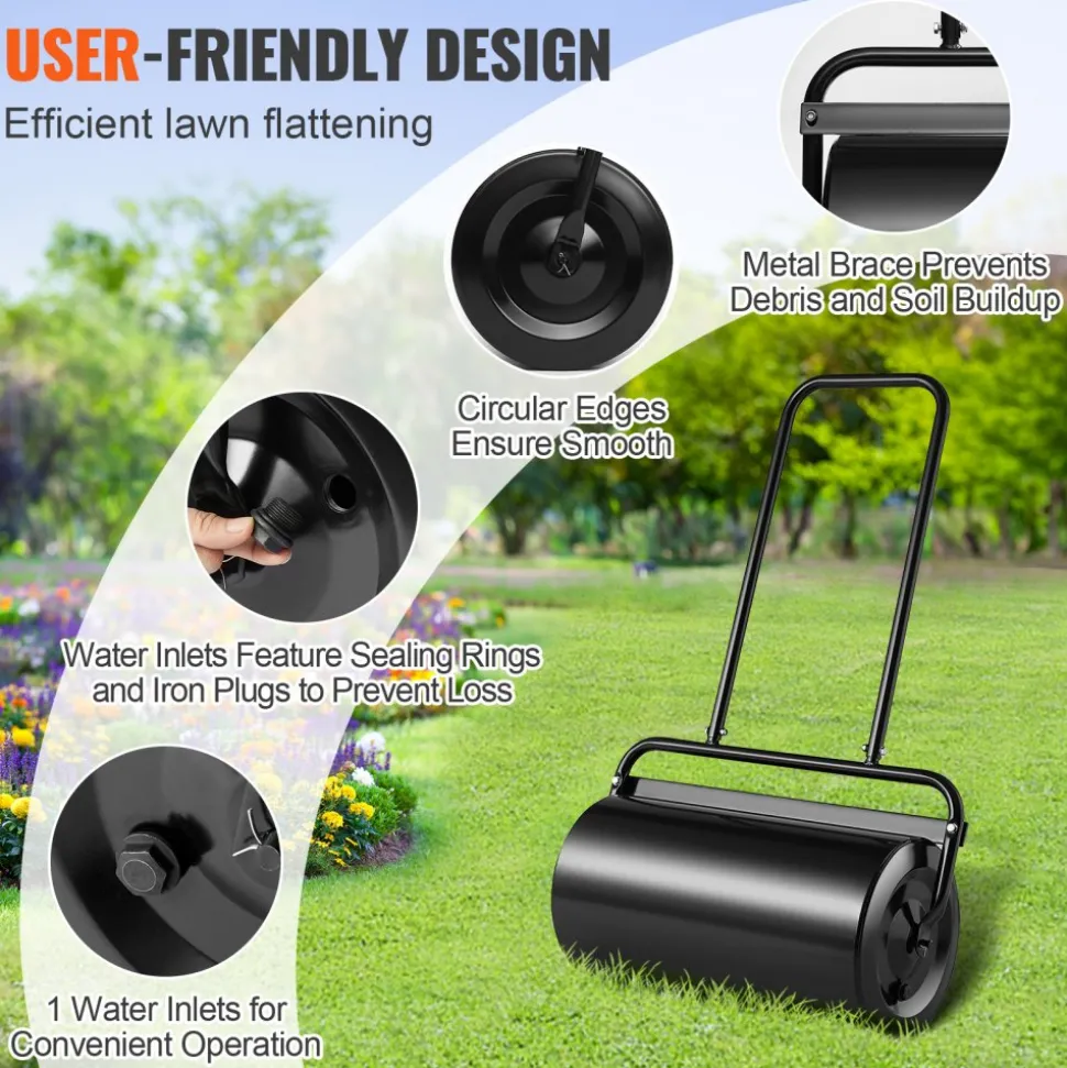 VEVOR Lawn Roller, 13 Gallon Sand/Water Filled Yard Roller, Steel Sod Roller with Easy-turn Plug and U-Shaped Ergonomic Handle for Convenient Push and Pull, for Lawn, Garden, Farm, Park, Black