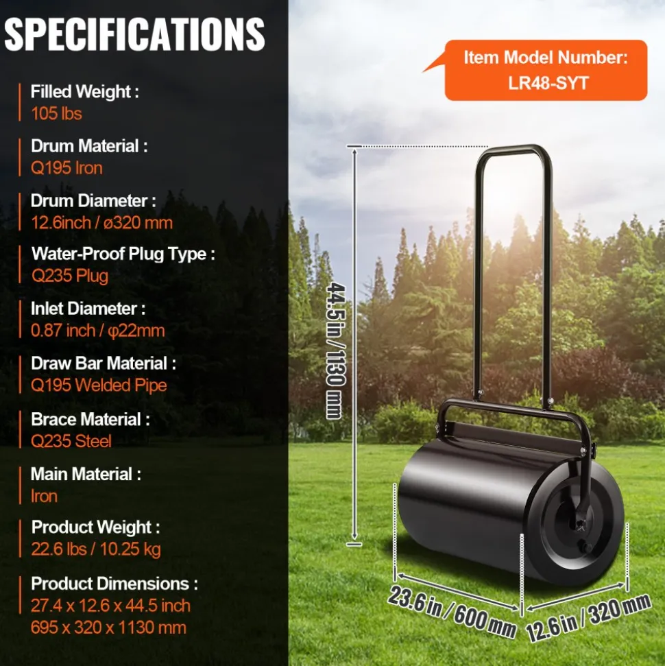 VEVOR Lawn Roller, 13 Gallon Sand/Water Filled Yard Roller, Steel Sod Roller with Easy-turn Plug and U-Shaped Ergonomic Handle for Convenient Push and Pull, for Lawn, Garden, Farm, Park, Black