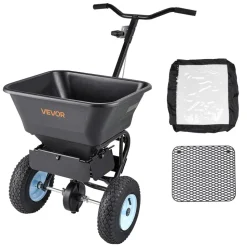 VEVOR Lawn Spreader, 100LBS Capacity, Walk-Behind Push Spreader, 0-9.8ft Spreading Width, 13 in All Terrain Pneumatic Tires, Fertilizer Spreaders with Hopper Grate, for Seed Salt Ice Melt