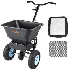 VEVOR Lawn Spreader, 100LBS Capacity, Walk-Behind Push Spreader, 0-9.8ft Spreading Width, 13 in All Terrain Pneumatic Tires, Fertilizer Spreaders with Hopper Grate, for Seed Salt Ice Melt
