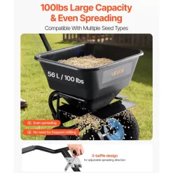 VEVOR Lawn Spreader, 100LBS Capacity, Walk-Behind Push Spreader, 0-9.8ft Spreading Width, 13 in All Terrain Pneumatic Tires, Fertilizer Spreaders with Hopper Grate, for Seed Salt Ice Melt