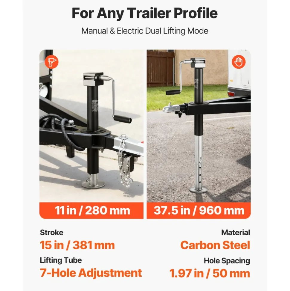 VEVOR 5000 lbs A-Frame Trailer Jack, 15-Inch Vertical Travel, Trailer Lift Jack with Adjustable 7-Level Drop Leg & Drill Socket, Cordless Drill Compatible, Suitable for RV, Utility, Yacht Trailers