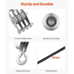 VEVOR 4400 lbs Breaking Strength 100 FT Rope Pulley Hoist, 5:1 Lifting Power Heavy Duty Pulley System with 2pcs Soft Loops, Metal Wheels Bearing Structure, Block and Tackle for Lifting Heavy Objects
