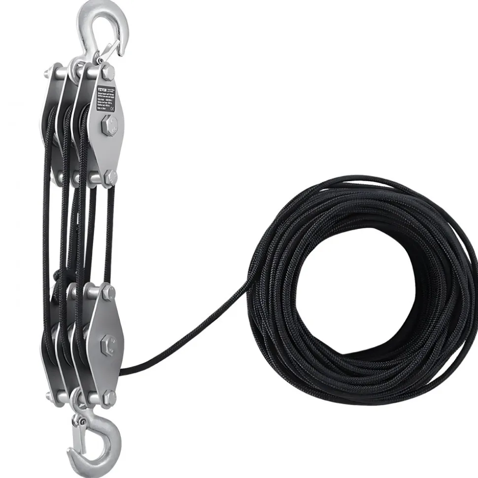 VEVOR 4400 lbs Breaking Strength 100 FT Rope Pulley Hoist, 5:1 Lifting Power Heavy Duty Pulley System with 2pcs Soft Loops, Metal Wheels Bearing Structure, Block and Tackle for Lifting Heavy Objects