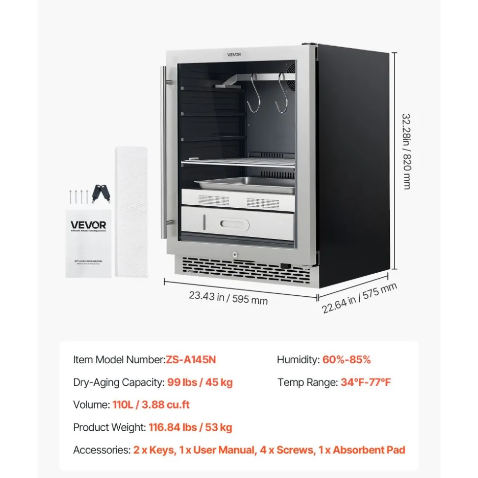 VEVOR 99 LBS Dry Aging Fridge for Steaks, Dry Ager Refrigerator for Meat with Precise Temperature & Humidity Control, Freestanding & Under Counter Beef Aging Machine for Home Kitchen Restaurant Hotel