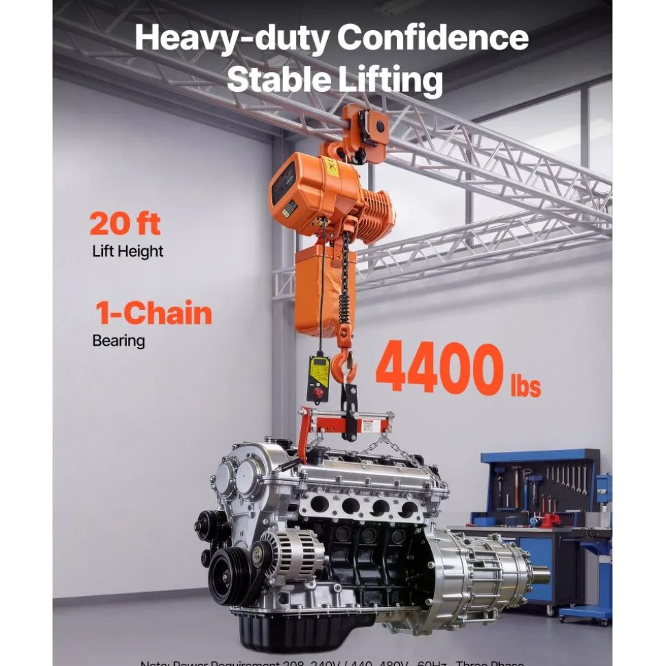 VEVOR 2200 lbs Electric Chain Hoist, 20 ft Lifting Height, 120V Single Phase Overhead Crane with 15 ft Wired Remote Control, G100 Chain Electric Lift Hoist for Factories, Warehouses, Garages