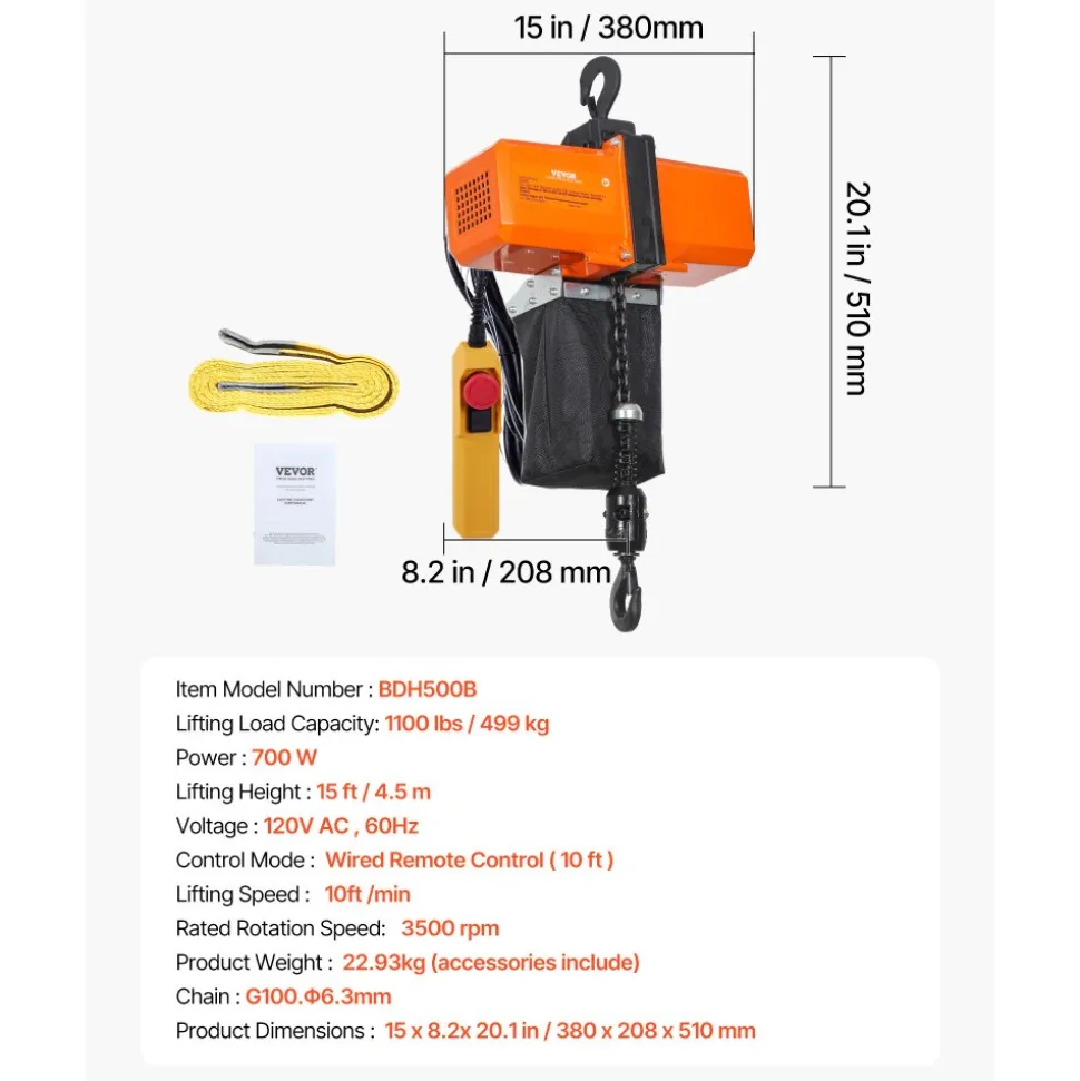 VEVOR 1100 lbs Electric Chain Hoist 15 FT Lifting Height, 120V Electric Hoist, Single Phase Overhead Crane with G100 Chain, 10 ft Wired Remote Control for Garage, Shop, Hotel, Home
