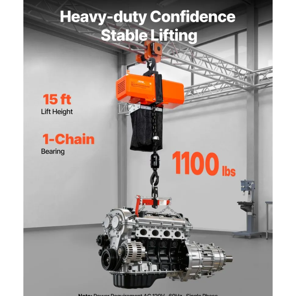 VEVOR 1100 lbs Electric Chain Hoist 15 FT Lifting Height, 120V Electric Hoist, Single Phase Overhead Crane with G100 Chain, 10 ft Wired Remote Control for Garage, Shop, Hotel, Home