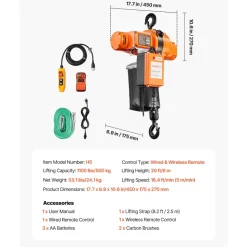VEVOR 2200 lbs Electric Chain Hoist, 20 ft Lifting Height, Three-Phase Overhead Crane with 328 ft Wireless & 15 ft Wired Remote Control, Double G80 Chain Hoist for Factories, Warehouses, Garages