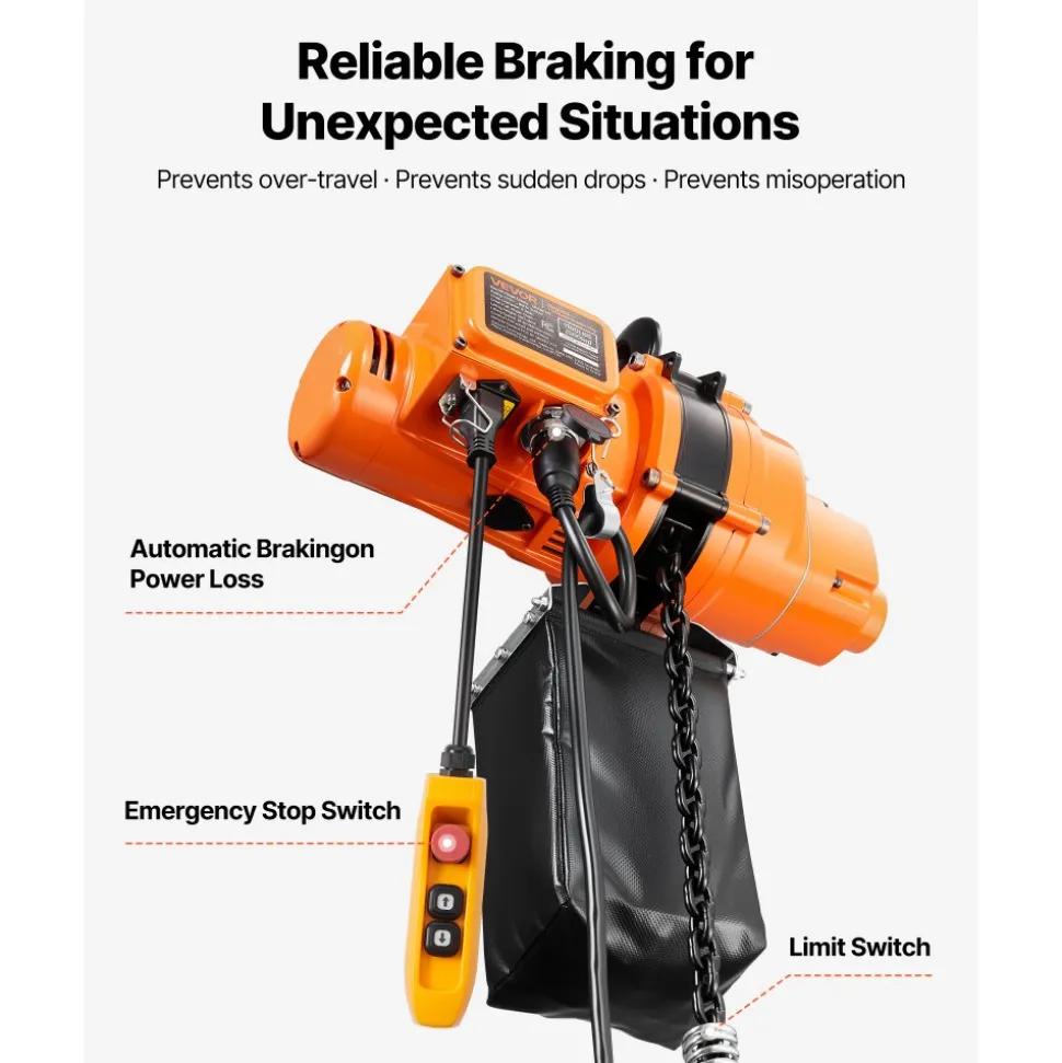 VEVOR 2200 lbs Electric Chain Hoist, 20 ft Lifting Height, Three-Phase Overhead Crane with 328 ft Wireless & 15 ft Wired Remote Control, Double G80 Chain Hoist for Factories, Warehouses, Garages