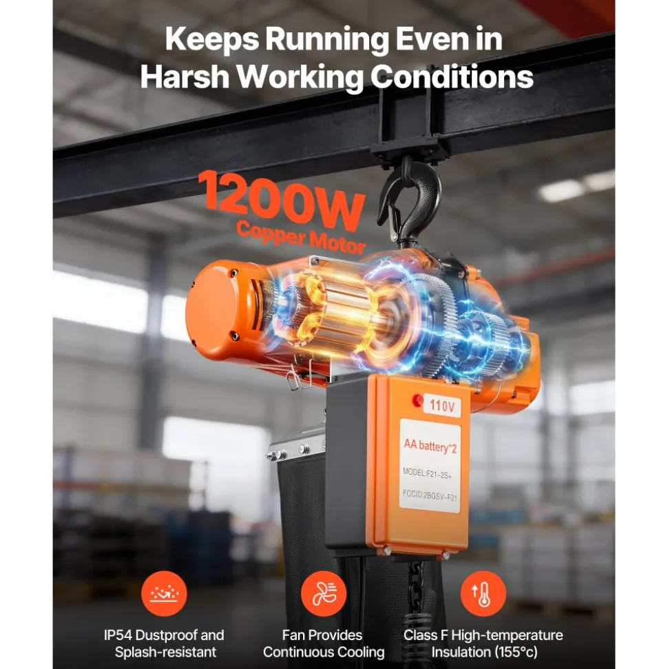 VEVOR 2200 lbs Electric Chain Hoist, 20 ft Lifting Height, Three-Phase Overhead Crane with 328 ft Wireless & 15 ft Wired Remote Control, Double G80 Chain Hoist for Factories, Warehouses, Garages