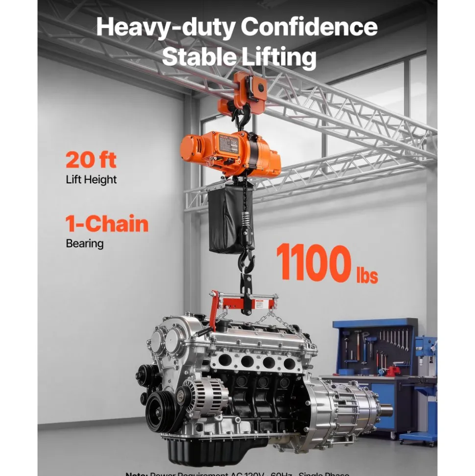 VEVOR 2200 lbs Electric Chain Hoist, 20 ft Lifting Height, Three-Phase Overhead Crane with 328 ft Wireless & 15 ft Wired Remote Control, Double G80 Chain Hoist for Factories, Warehouses, Garages