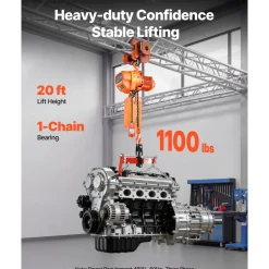 VEVOR 1100 lbs Electric Chain Hoist, 20 ft Lifting Height, Three-Phase Overhead Crane with 328 ft Wireless & 15 ft Wired Remote Control, Single G80 Chain Hoist for Factories, Warehouses, Garages