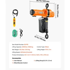 VEVOR 2200 lbs Electric Chain Hoist, 10 ft Lifting Height, 120V Single Phase Overhead Crane with 10 ft Wired Remote Control, G100 Chain Electric Lift Hoist for Factories, Warehouses, Garages