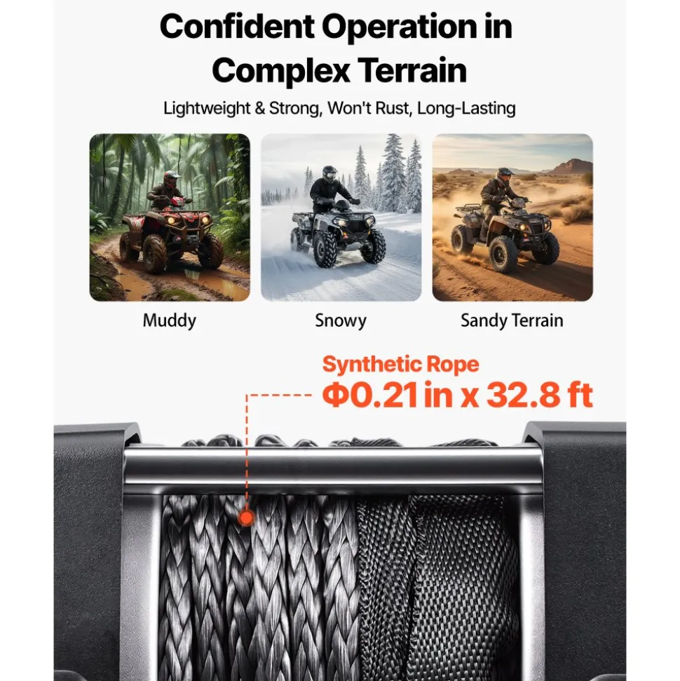 VEVOR 3500 lbs Electric Winch, 12V DC ATV/UTV Winch with Φ0.21 in x 32.8 ft Synthetic Rope & Wired Remote Control, IP55 Waterproof, Aluminum Housing Fairlead Mount Plate for Towing ATV, Black