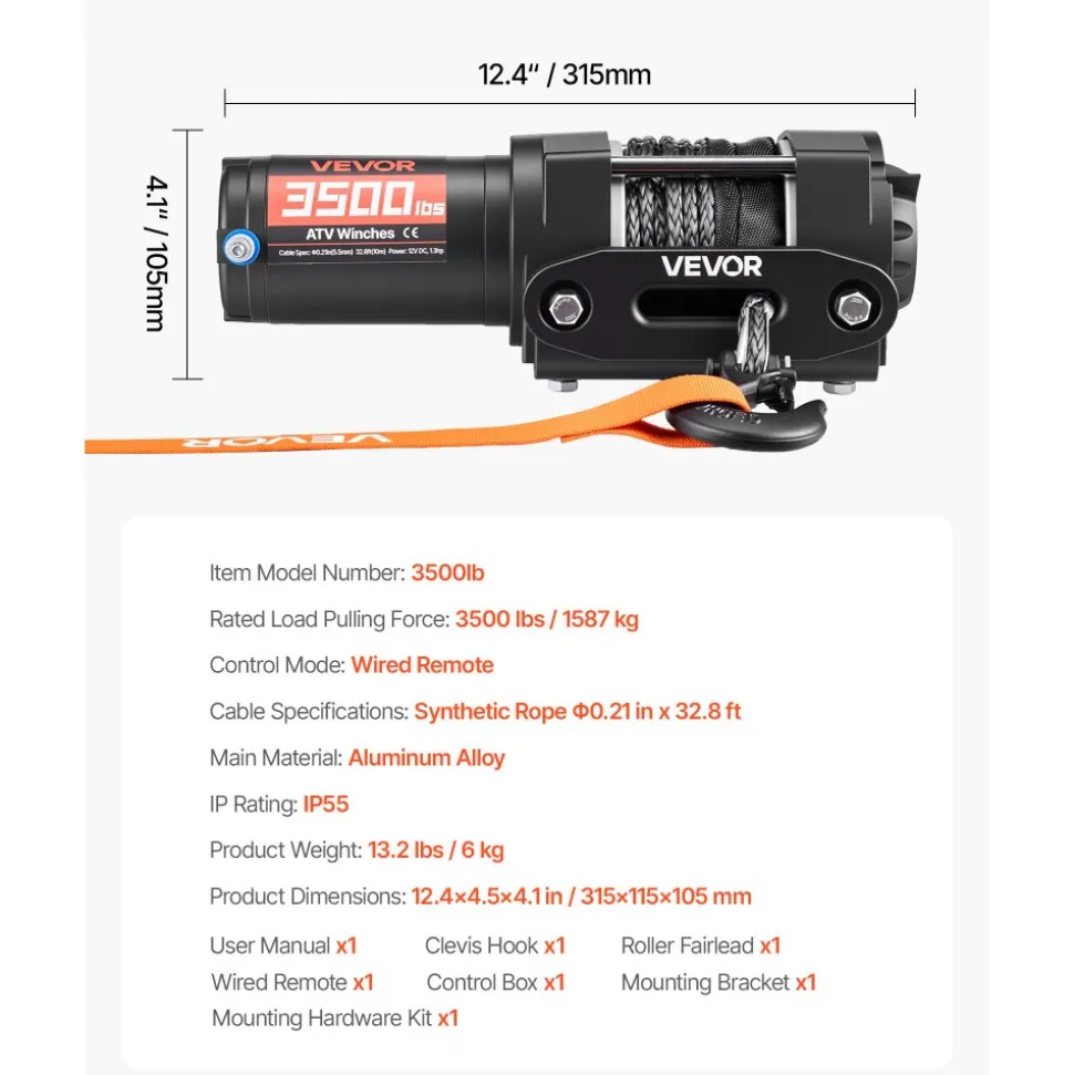 VEVOR 3500 lbs Electric Winch, 12V DC ATV/UTV Winch with Φ0.21 in x 32.8 ft Synthetic Rope & Wired Remote Control, IP55 Waterproof, Aluminum Housing Fairlead Mount Plate for Towing ATV, Black