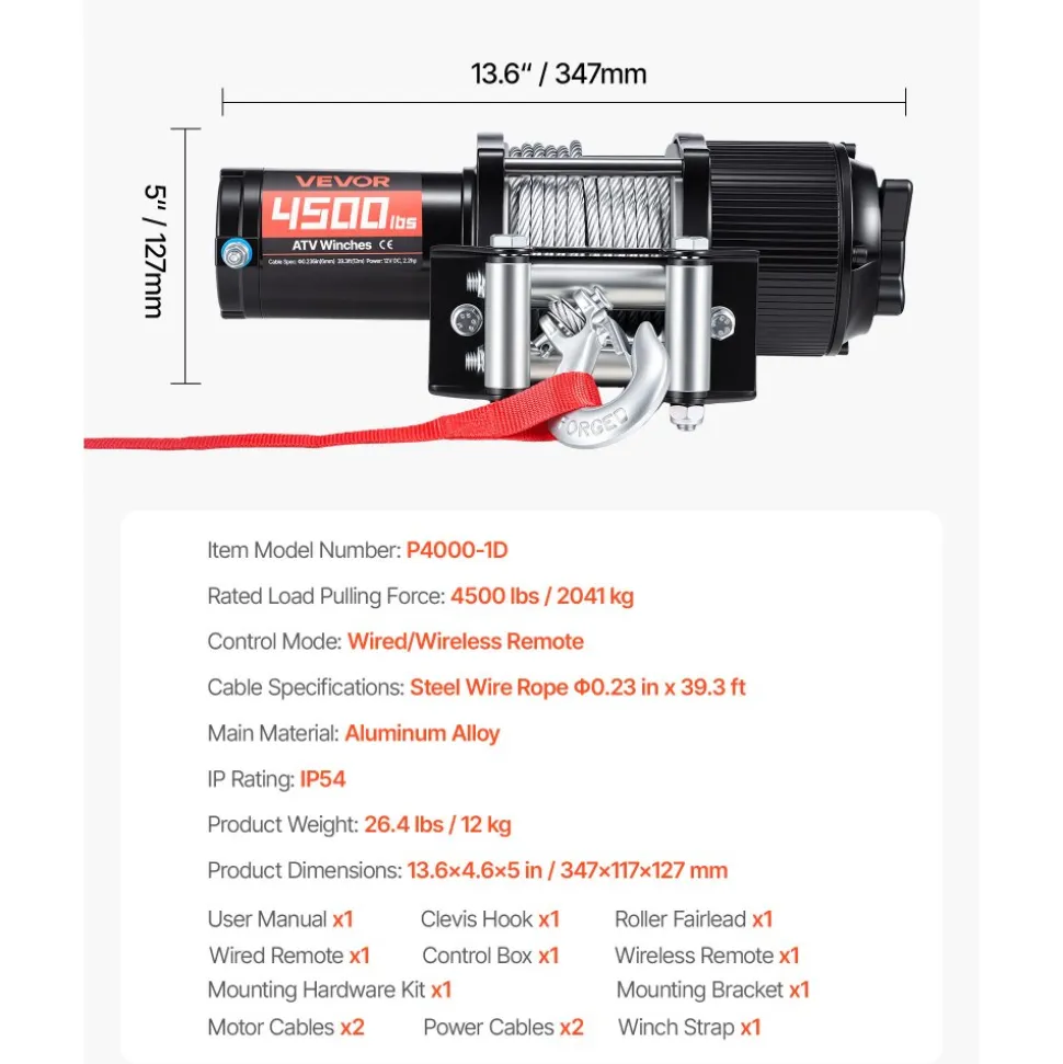 VEVOR 4500 lbs Electric Winch, 12V DC ATV/UTV Winch with Φ0.24 in x 39.4 ft Steel Wire Rope, Wireless & Wired Remote Control, IP54 Waterproof, Roller Fairlead Mount Plate for Towing ATV UTV Off-Road