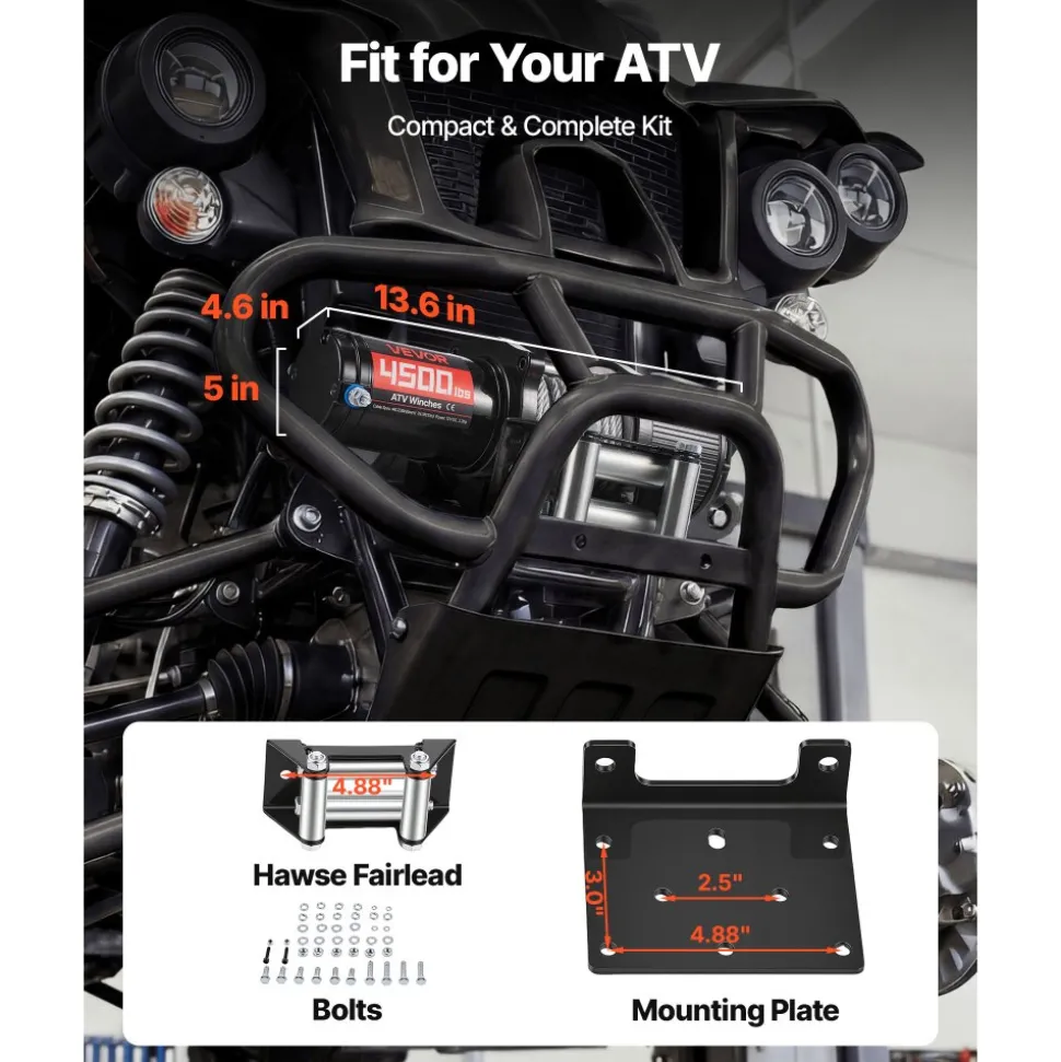 VEVOR 4500 lbs Electric Winch, 12V DC ATV/UTV Winch with Φ0.24 in x 39.4 ft Steel Wire Rope, Wireless & Wired Remote Control, IP54 Waterproof, Roller Fairlead Mount Plate for Towing ATV UTV Off-Road