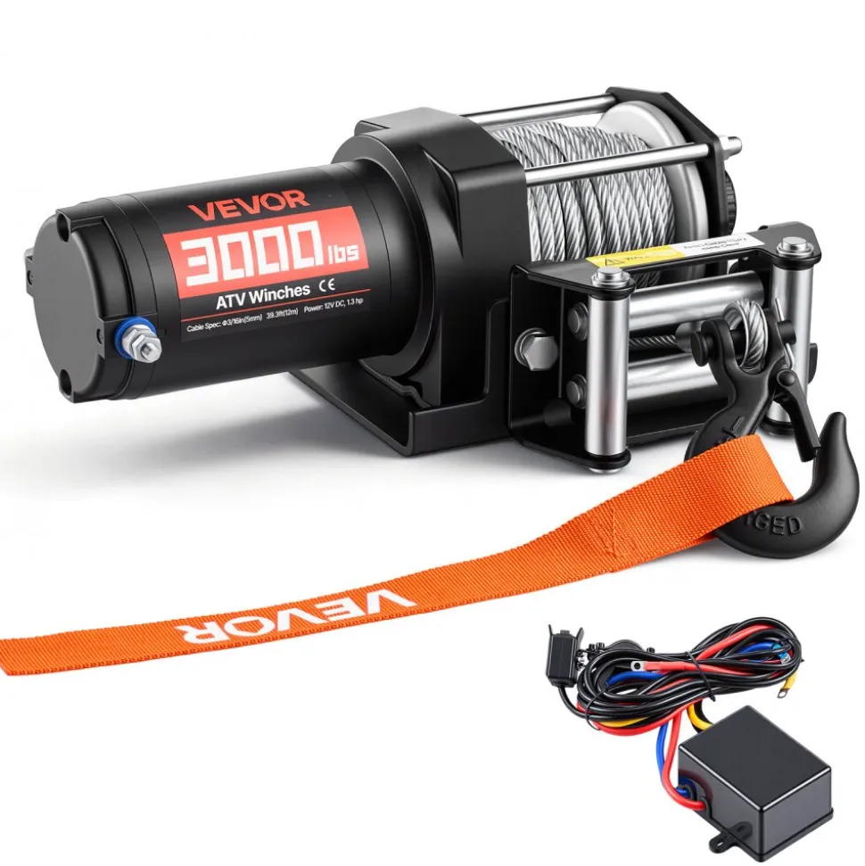 VEVOR 3000 lbs Electric Winch, 12V DC ATV/UTV Winch with Φ3/16 in x 39.4 ft Steel Wire Rope & Wired Remote Control, IP55 Waterproof, Aluminum Housing Fairlead Mount Plate for Towing ATV, Black
