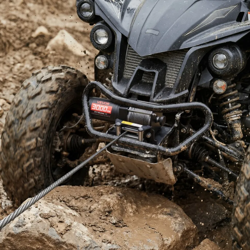 VEVOR 3000 lbs Electric Winch, 12V DC ATV/UTV Winch with Φ3/16 in x 39.4 ft Steel Wire Rope & Wired Remote Control, IP55 Waterproof, Aluminum Housing Fairlead Mount Plate for Towing ATV, Black