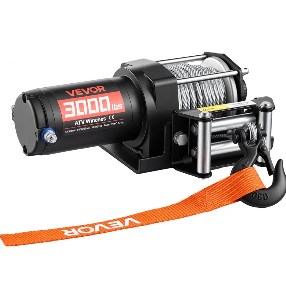 VEVOR 3000 lbs Electric Winch, 12V DC ATV/UTV Winch with Φ3/16 in x 39.4 ft Steel Wire Rope & Wired Remote Control, IP55 Waterproof, Aluminum Housing Fairlead Mount Plate for Towing ATV, Black