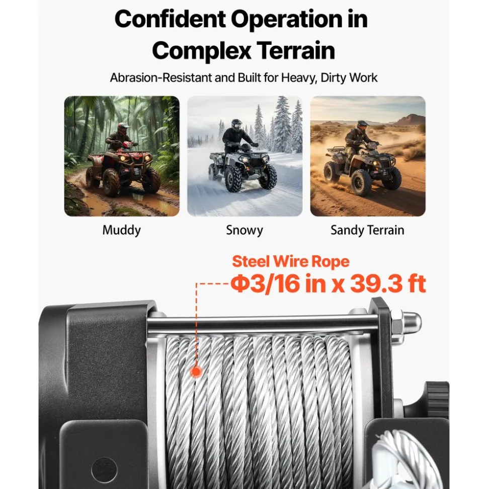 VEVOR 3000 lbs Electric Winch, 12V DC ATV/UTV Winch with Φ3/16 in x 39.4 ft Steel Wire Rope & Wired Remote Control, IP55 Waterproof, Aluminum Housing Fairlead Mount Plate for Towing ATV, Black